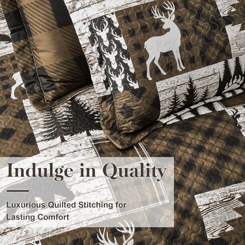 Reversible Cabin King Size Quilt Set with Shams - Bear Brown, Rustic Farmhouse Bedding