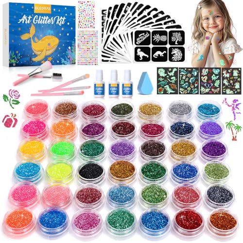 Kids Glitter Tattoo Kit - 42 Colors, 210 Templates, Glow & Diamond Stickers - Reusable & Waterproof