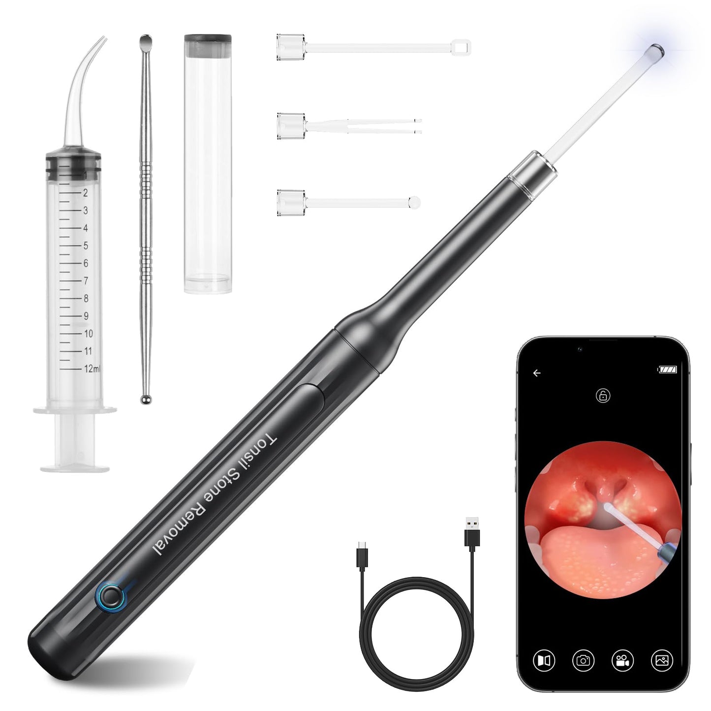 Tonsil Stone Removal Kit with Camera- 2025 Upgraded Tonsil Stone Remover Tool Connect with WIFI - Visual Led Light Tonsillolith Removal Tool with 4 Head Attachments (Black)