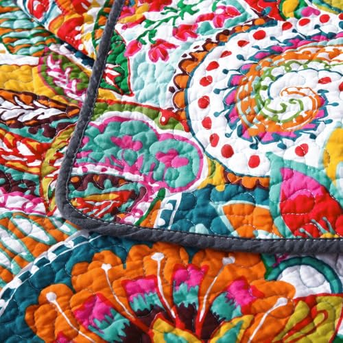 Boho King Size Cotton Quilt Set - Vibrant Paisley Coverlet with Pillow Shams, Variations of Orange, Red, Blue, Yellow, White
