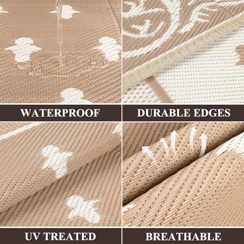 Pauwer 10x14 Waterproof Reversible Outdoor Rug Beige Patio Carpet