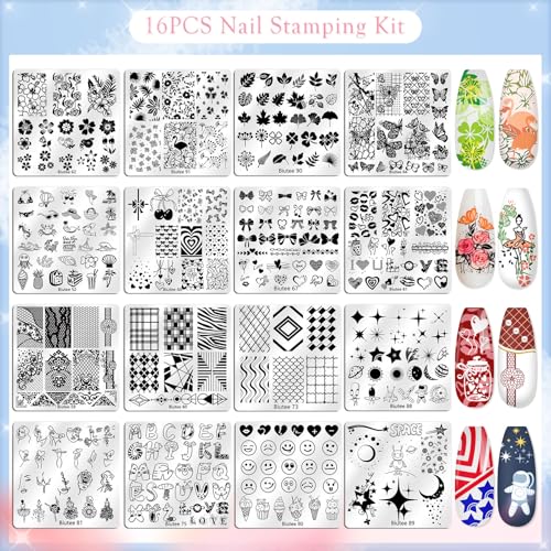 Biutee 31pcs Nail Stamping Kit with 16 Plates and 10 Gel Polishes - DIY Nail Art