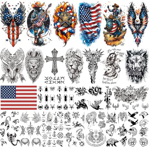 Aresvns 24 Sheets Temporary Tattoo for Adults,USA Eagle and Flag Device, 3D Military Lion Wolf Skull Totem Fake Tattoo, Fourth of July Memorial Day Labor Day Decorations Patriotic Tattoos