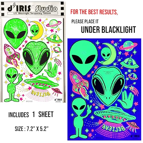 Temporary UV Blacklight Reactive Tattoos ? 1 Sheet Alien UFO Design Body Art Festival Accessories Glow in the Dark Party Supplies | 7.2¡± x 5.2¡± Temp Tattoos Great for EDM EDC Party Rave Parties