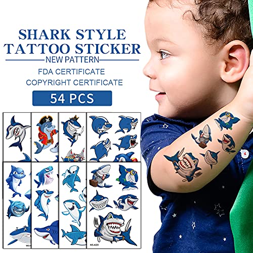 54Pcs Shark Temporary Tattoos, Under Ocean Fish Animals Fake Tattoo Stickers Decorations, Home Activity Classroom School Prizes Rewards, Birthday Party Favor Supplies