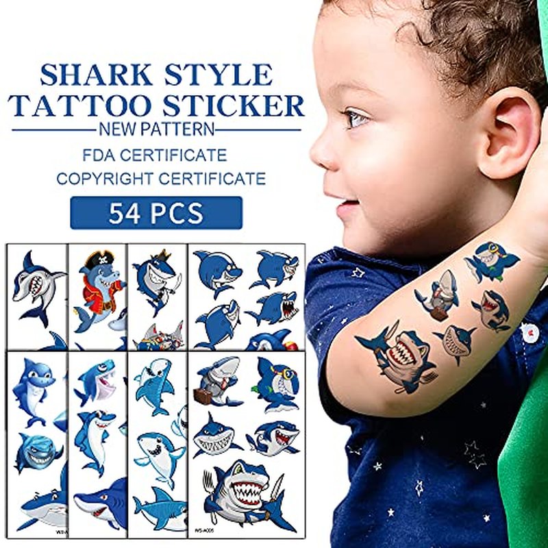 54Pcs Shark Temporary Tattoos, Under Ocean Fish Animals Fake Tattoo Stickers Decorations, Home Activity Classroom School Prizes Rewards, Birthday Party Favor Supplies