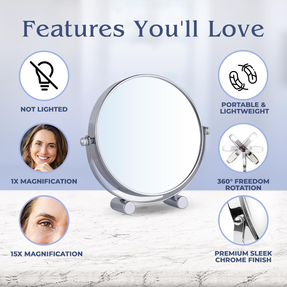Small 15X Magnifying Tabletop Mirror for Makeup - Double Sided 15x and 1x Portable Make Up Mirror for Desk, Dressing Table and Retail Store - 6" Wide & 6.7" Tall (Chrome)