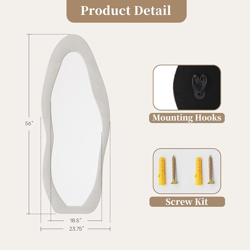 Wall Mirror 56 x 24 in - Irregular Wavy Full Length Flannel Frame (Beige, 56"L x 24"W) - FlyEcho