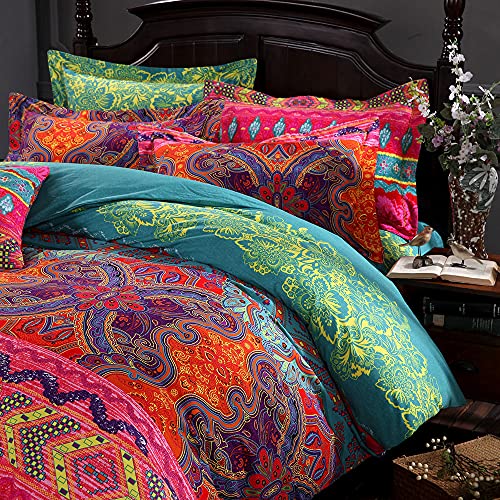 Boho Queen Duvet Cover Set with Pillowshams - Reversible Mandala Print, Red & Teal, 100% Cotton, Dark Red Variation