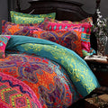 Boho Queen Duvet Cover Set with Pillowshams - Reversible Mandala Print, Red & Teal, 100% Cotton, Dark Red Variation