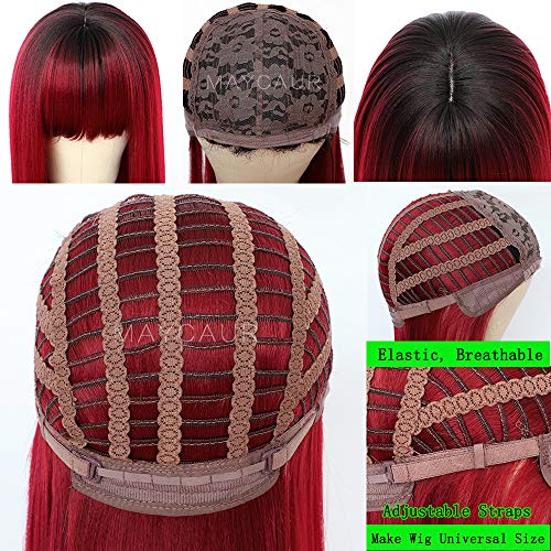 Long Straight Synthetic Wig with Full Bangs - Orange White Ombre, No Lace, Heat Resistant, 22 Inch - Fashion Women
