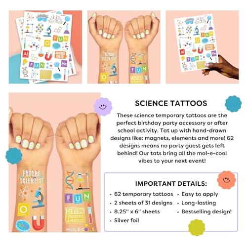 xo, Fetti Science Party Temporary Tattoos - 62 Silver Foil Styles | Future Mad Scientist Birthday Party Supplies, Educational Science Favors, Scientific Arts and Crafts (Pack of 2)