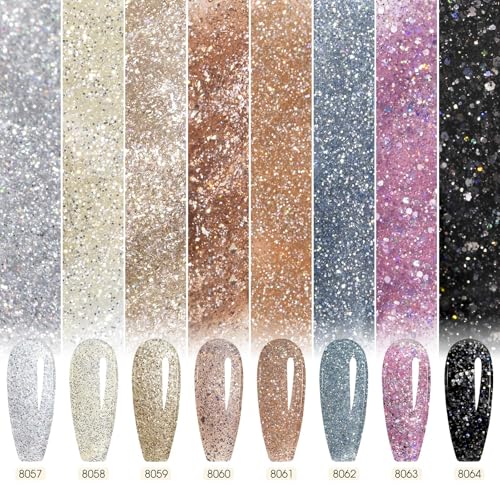 CANNI Gel Polish Glitter Gel Nail Polish Set, 8 Colors Champagne Silver Rose Gold Pink Black Shiny Glitter Gel U V LED Soak Off Manicure Kit Gift for Women Girls