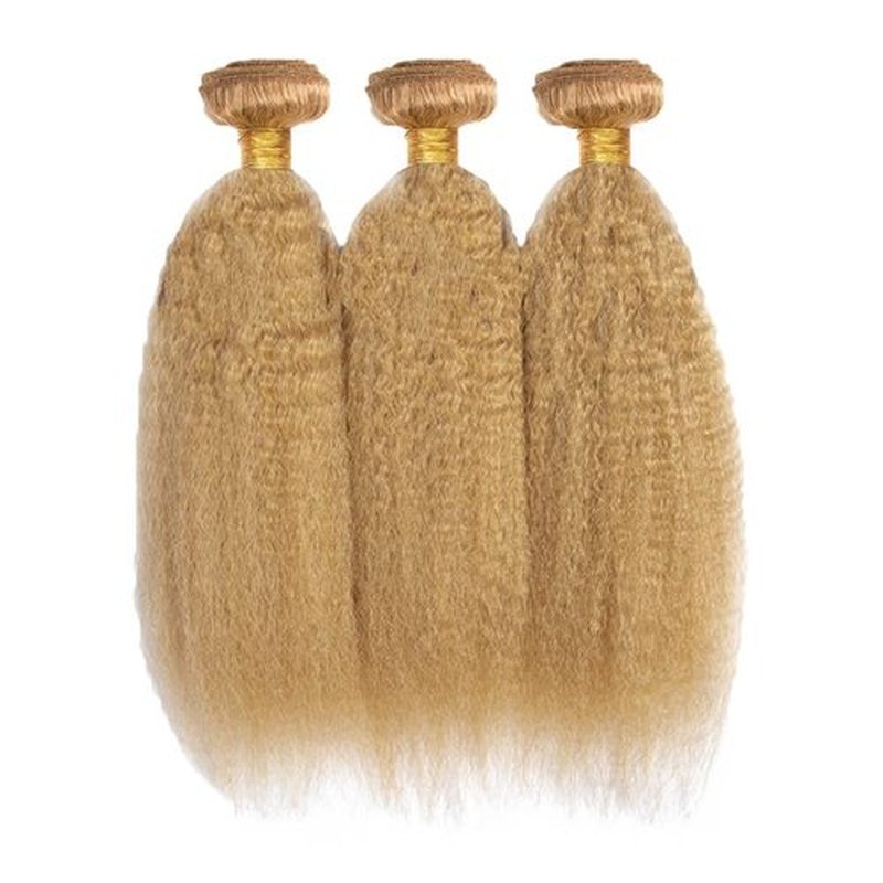 Honey Blonde Kinky Straight Bundles Color #27 Human Hair Bundles Peruvian 8A Virgin Human Hair 3 Bundles 22 24 26 Inch Blonde Kinky Straight Bundles #27 Yaki Bundles