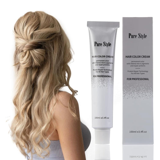 PureStyle 100ml Professional Permanent Hair Color Dye Cream Ammonia Free, Long Lasting Color, 100% Gray Coverage, Natural Shine, For All Hair Types Easy At Home Application (7/77 Medium Cool Blonde)