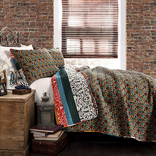 Lush Decor Boho Stripe Reversible Cotton Quilt Set King Turquoise & Tangerine 3-Piece