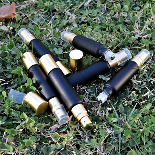 6-Pack Black Glass Bottles with Dual Ends ? Sprayer & Roller Tops ? Leakproof, Premium Essential Oil & Perfume Bottles with Elegant Gold Accents ? Refillable Custom Blend Containers