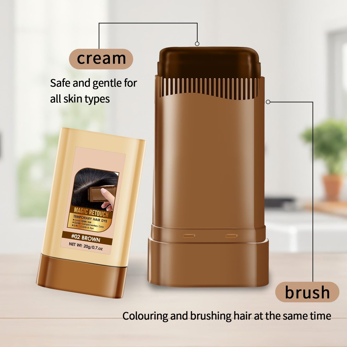 Hair Color Stick, Hair Dye Stick for Gray Hair, Waterproof and Sweat-proof, Even and Effective Coverage, Easy to Use, Gentle Formula, 20g*2(Brown)