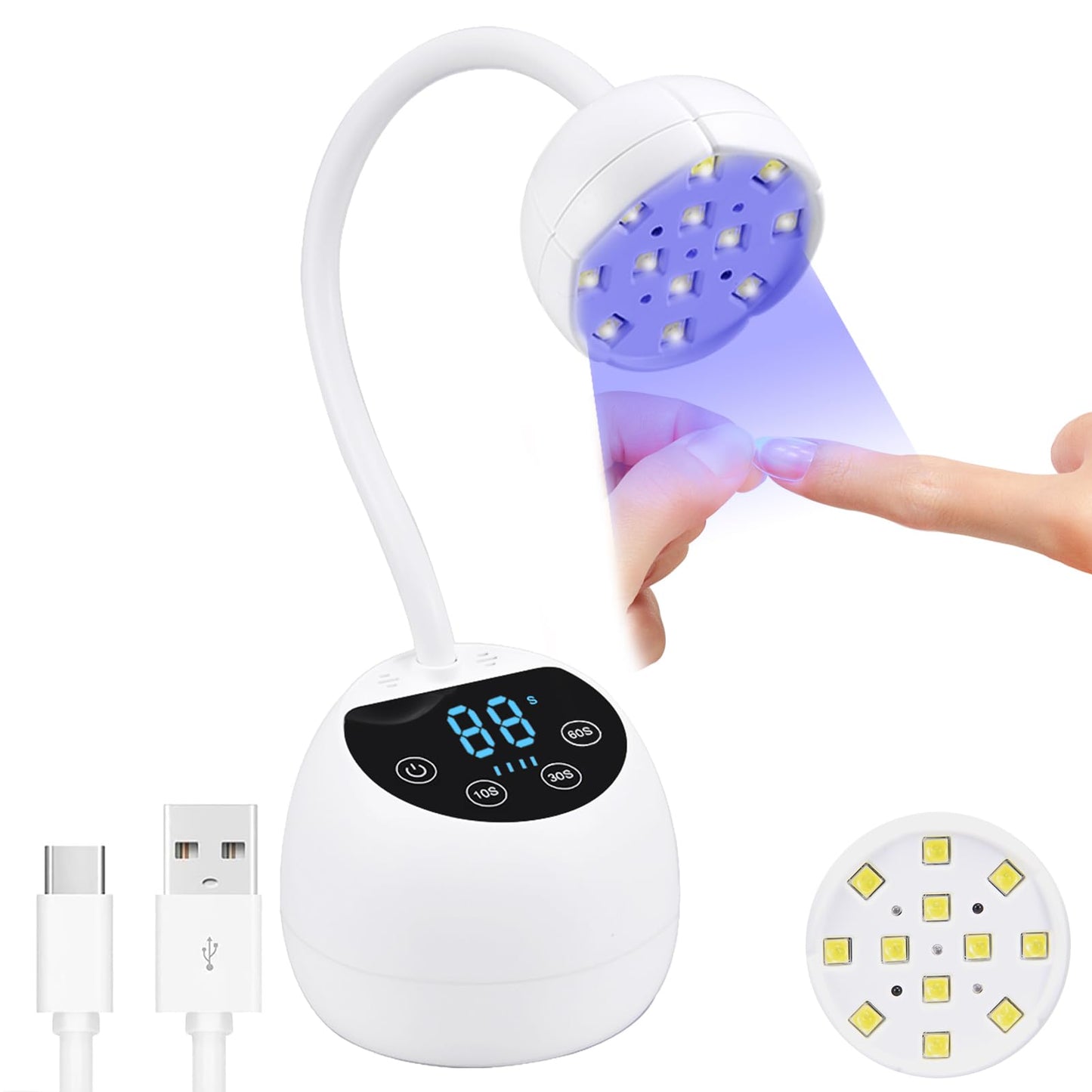 PHAIN Mini U V LED Nail Lamp with 3 Timers and LCD Display,36W Cordless Flash Cure Gel x Nail Lamp, Auto Sensor Gooseneck Portable USB Gel Nail Dryer U V Light for Home DIY, Pearl White, ML-10003