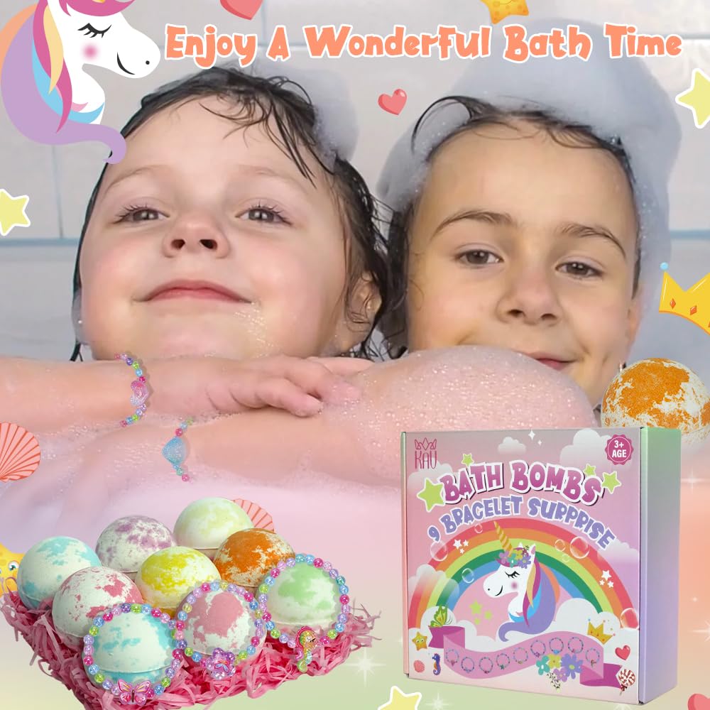 KAV Girls Bath Bombs Set of 9 — Surprise Bracelet Bath Bombs for Kids & Tweens, Fizzy Colorful Bath Fizzies with Collectible Bracelet Inside, Kid-Safe Scents & Moisturizing Oils — Party Favors & Gifts