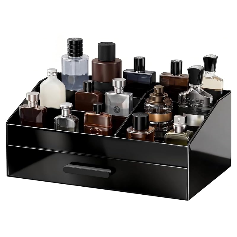ProCase Cologne Organizer for Men - Acrylic Perfume Stand with Drawer (Black, 1 Layer)