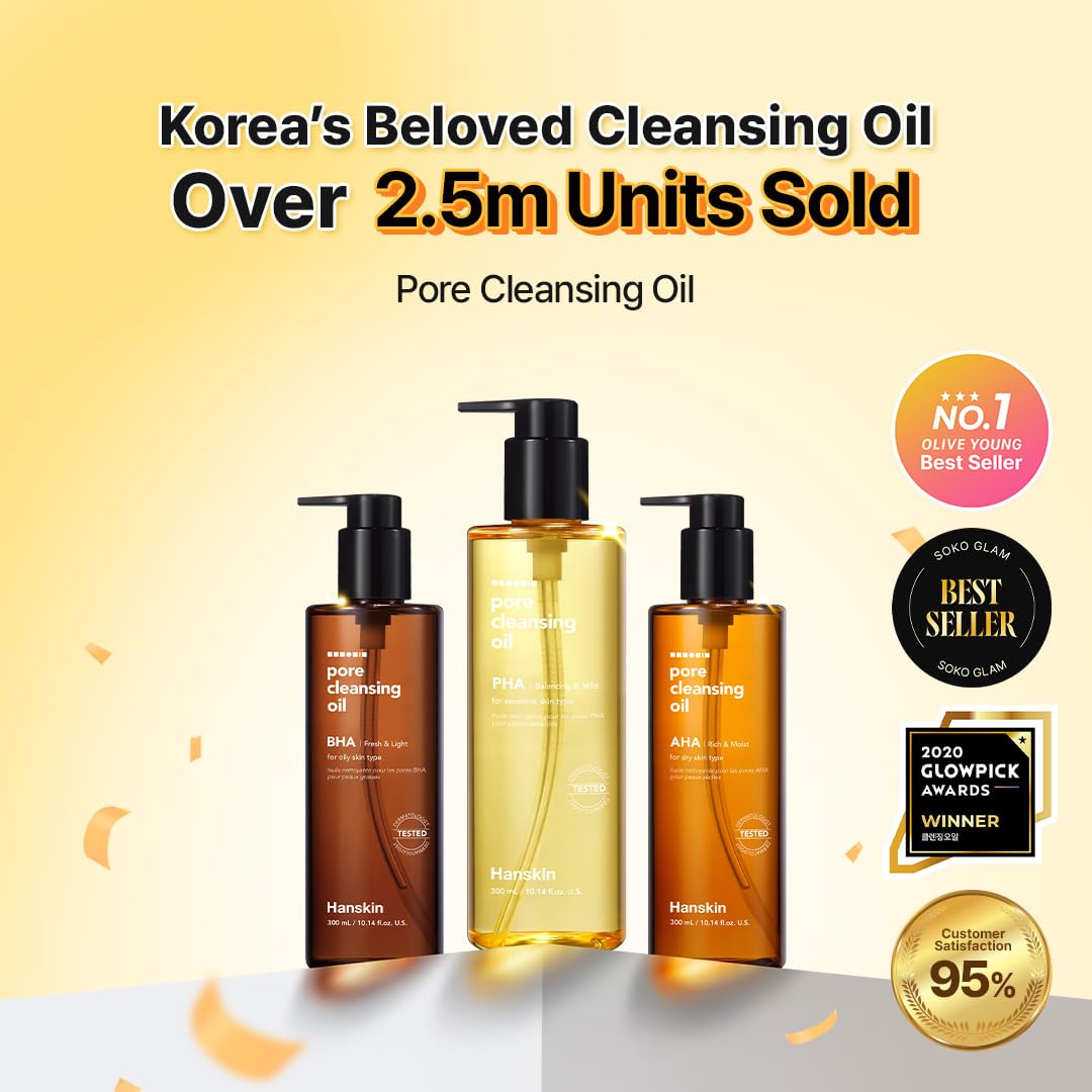 Hanskin Pore Cleansing Oil, Oil Cleanser for Face, Makeup Blackhead Sebum Remover, Korean Deep Pore Cleanser for Sensitive Skin [PHA] (10.14 oz)