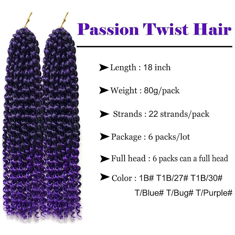 Passion Twist Crochet Hair 18in - 6 Pack Ombre Purple Water Wave for Butterfly Locs T1B/Purple