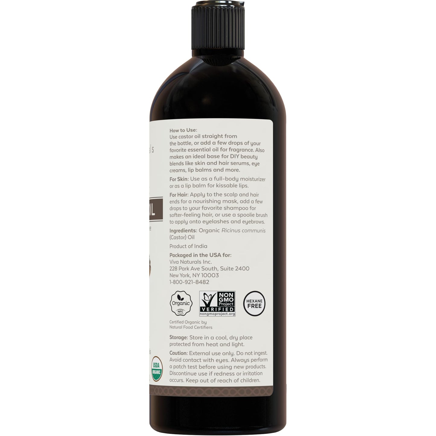 Viva Naturals Cold pressed Organic Castor Oil 16 fl oz - Castor Oil for Face, Eyelashes, Traditional Eyebrow Serum, Hair Oil - Certified Organic & Non-GMO