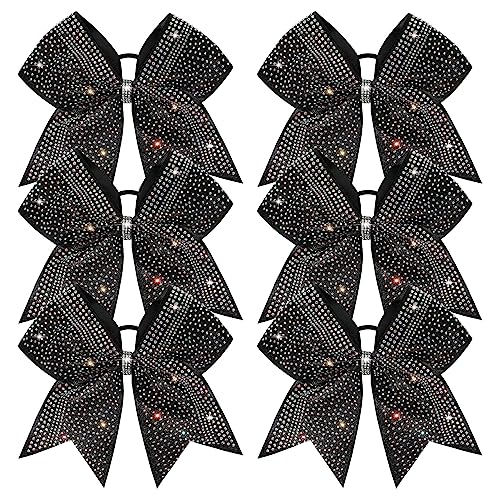 Cheerleader Hair Bows Set - Glitter Black with Rhinestones - 8 Inch, 6 Pack