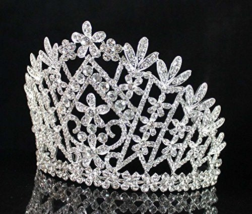 Silver Plated Daisy Austrian Rhinestone Tiara with Hair Combs - Bridal Prom Wedding Jewelry