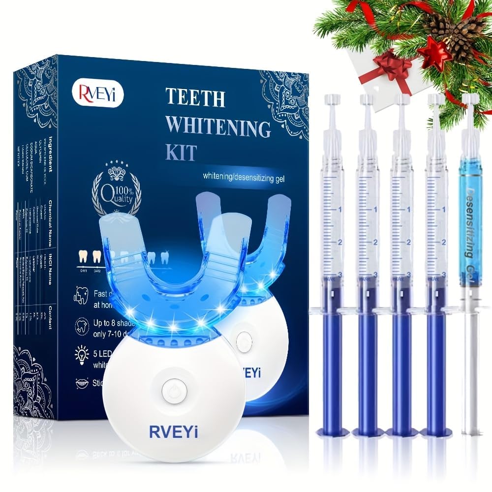 RVEYI Teeth Whitening Kit - LED Light Timer, Pro Professional for Sensitive Teeth 35% Carbamide Peroxide,4 * 3ml Gel Syringes, 1* Remineralization Gel, and Tray