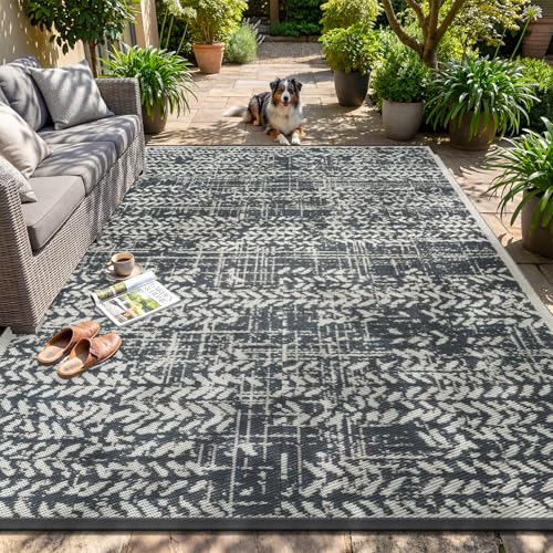 Outdoor Waterproof Rug 8x10 ft Patio Rug Mat for Balcony Deck Camping Beach Grey