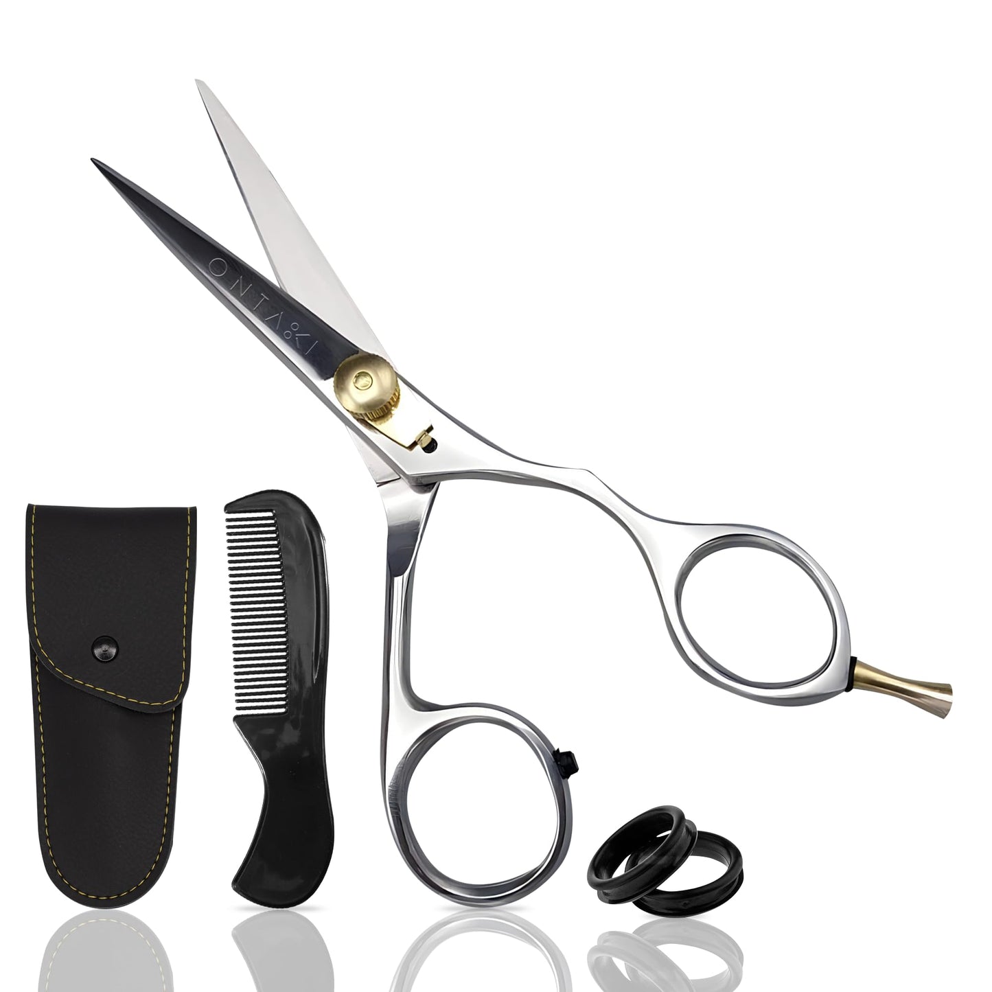 Ontaki Hair Scissors for Beard & Mustache - 5.5" 420C Japanese Steel, Silver, Right Hand - Hand-Forged Hair Cutting Scissors with Ergonomic Handles - Includes Beard Comb with Handle & PU Leather Pouch