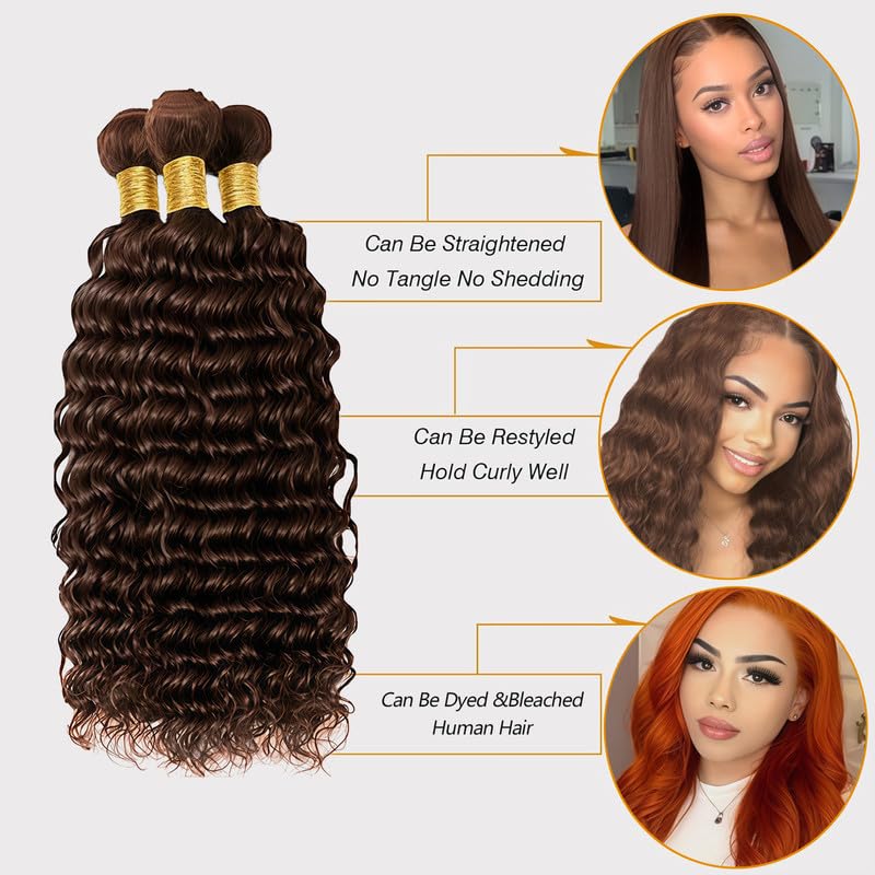 Deep Wave Human Hair Bundles - 8, 10, 12 Inch Dark Brown Brazilian Virgin Hair - Variation #4-D