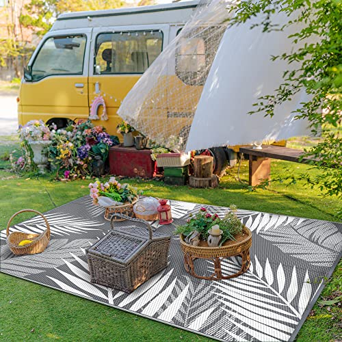 Outdoor Rug 8x10 ft Waterproof Plastic Rug with Palm Leaf Design - Grey & White