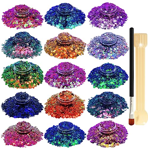 Nail Glitter SUPGIFT 15 Colors 130g Holographic Chunky Cosmetic Chameleon Sequins for Makeup Hair Body Art Slime Craft Resin with Brush 5 Spoons