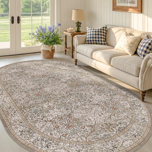 Moss Green 5x8 Oval Rug with Non-Slip Backing - Vintage Floral Area Rug for Living Room