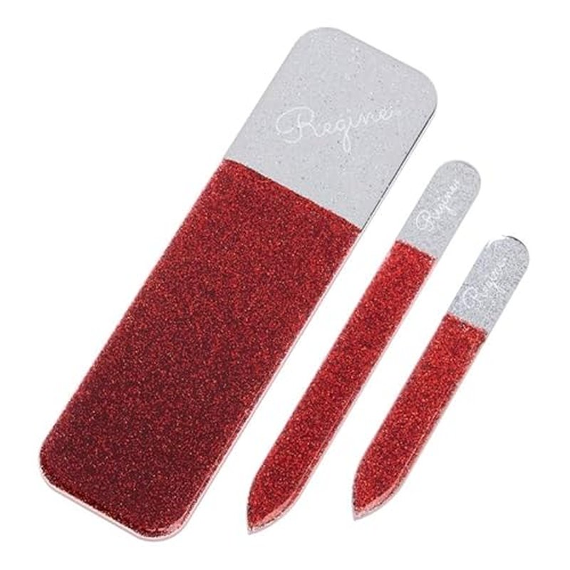 3pc Nano File Set: Professional Heavy Duty Glass Nail Files with Case Kit - Reusable Crystal Fingernail Manicure and Pedicure Tools for Men, Women, and Adults (Red Shimmer)