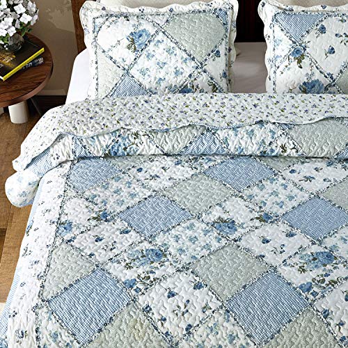 Oversized King Quilt Set 128x120 Blue Floral Patchwork Bedspread & Pillowcases