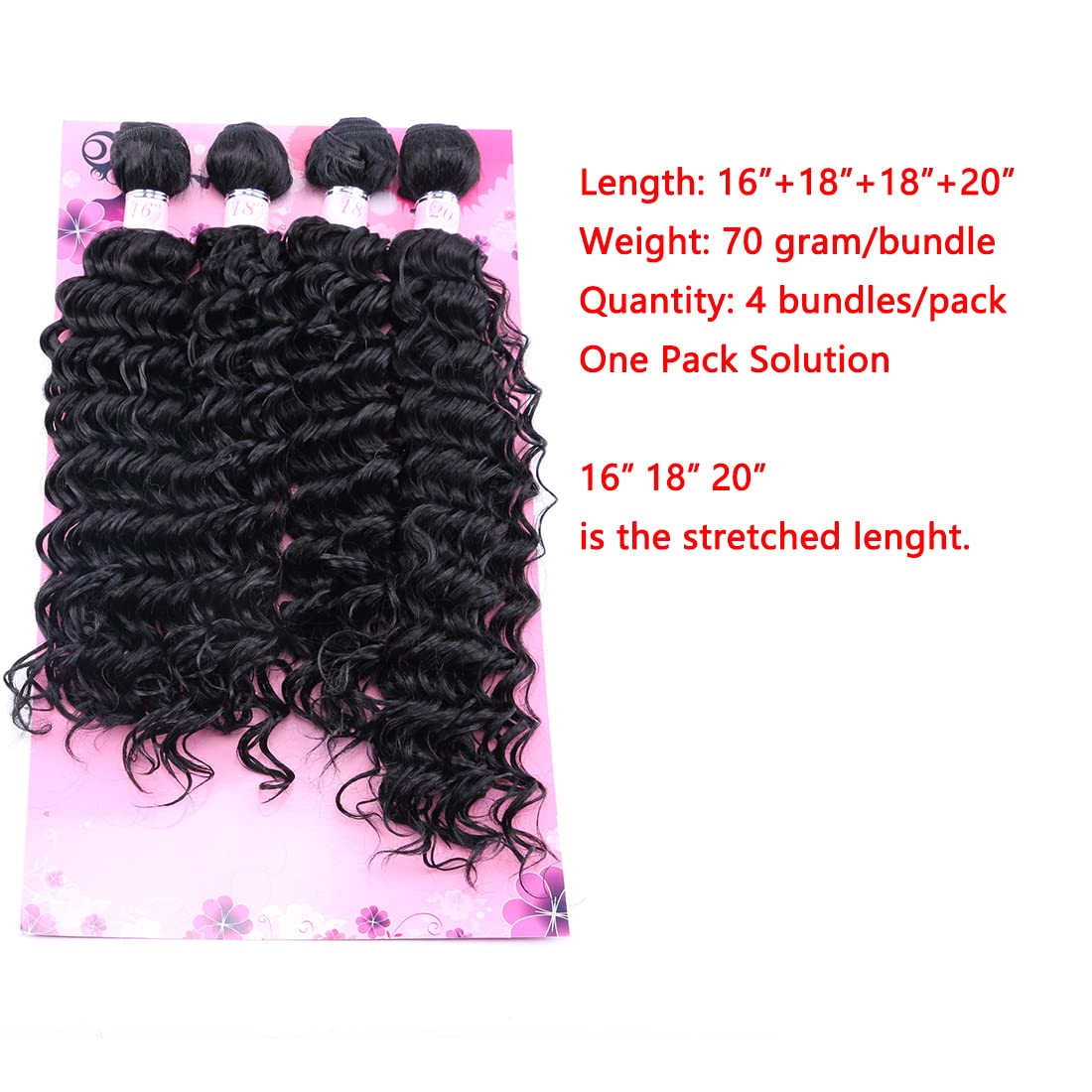 FRELYN Deep Wave Curly Synthetic Hair Weave Bundles - Black, 16-20 Inches, 4 Pack