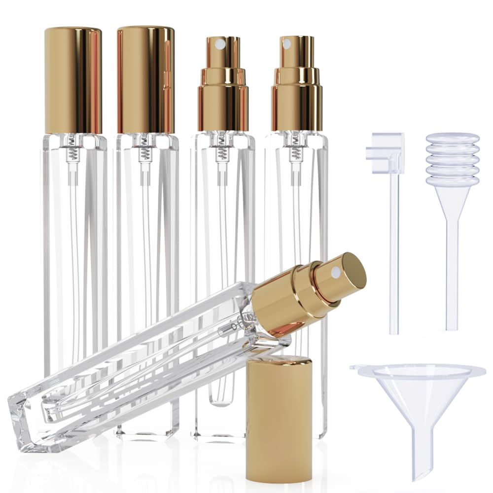 Seafulee 5PCS Cologne Atomizer Empty, 10ML Mini Perfume Bottles Refillable With Dispenser Tools, Pocket Spray Bottle for Travel and Sample Container (Transparent+Golden Cap)