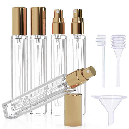 Seafulee 5PCS Cologne Atomizer Empty, 10ML Mini Perfume Bottles Refillable With Dispenser Tools, Pocket Spray Bottle for Travel and Sample Container (Transparent+Golden Cap)
