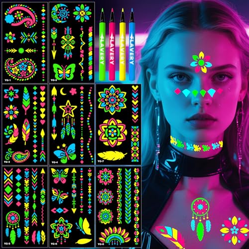 Glow in the Dark Temporary Tattoo Markers for Face Paint, 4PCS UV Neon Body Markers + 8 Sheets Temporary Tattoo Stencil for Adult, Flexible Brush Tip, Cosmetic Tattoo Pen, DIY Body Art Set
