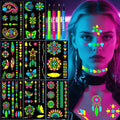 Glow in the Dark Temporary Tattoo Markers for Face Paint, 4PCS UV Neon Body Markers + 8 Sheets Temporary Tattoo Stencil for Adult, Flexible Brush Tip, Cosmetic Tattoo Pen, DIY Body Art Set