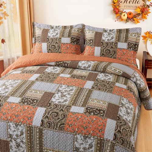 Dreamland Orange King Quilt Set 98x106in - 100% Cotton Farmhouse Bedspread