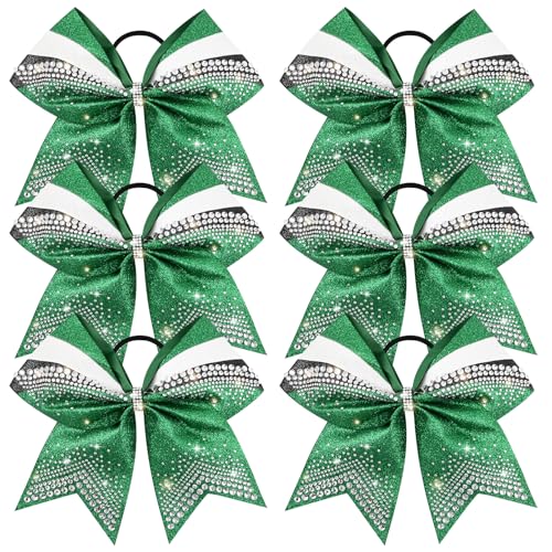Deeka 6 pcs 7" Glitter Cheer Hair Bows for Girls with Rhinestones - Green/Black/White