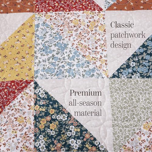 King Quilt Set 3 Pieces - Burnt Orange Floral Patchwork Coverlet - Soft & Reversible Bedding