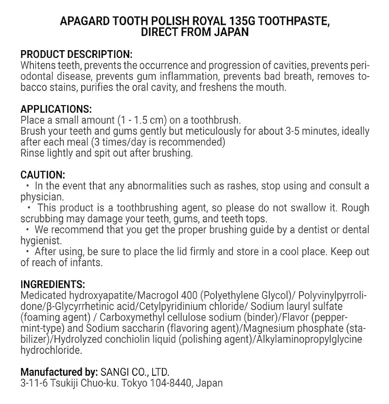 Apagard Royal Tooth Polish 135g - Medicated Japanese Toothpaste