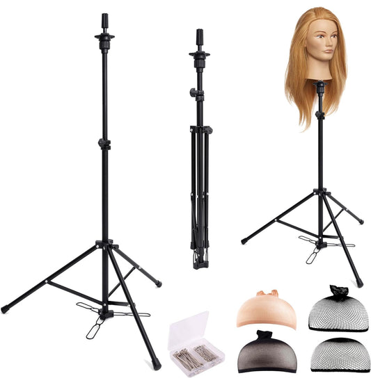 HYOUJIN Tall Wig Head Stand,Wig Stand Tripod Mannequin Head Stand Adjustable Stand With Foot Panel for Mannequin Head,Manikin Head,Canvas Block Head with Wig Caps,T-Pins,Carry Bag 35.4-52.4 inch