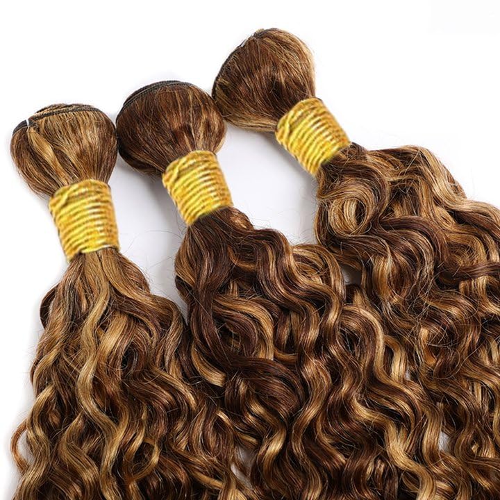 Aonbamds P4/27 Highlight Brown Water Wave Human Hair Extensions 14-18 Inch 3 Bundles